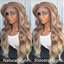 13x4 Kanekalon Futura 金色渐变蕾丝前假发，22 英寸长波浪挑染假发，带刘海，无需胶水，Kanekalon 材质，耐用合成纤维，自由分缝，150% 密度，即戴即用，适合日常、派对、节日、假日等场合，新手友好型，透明蕾丝假发 - 金色 - 查看 8