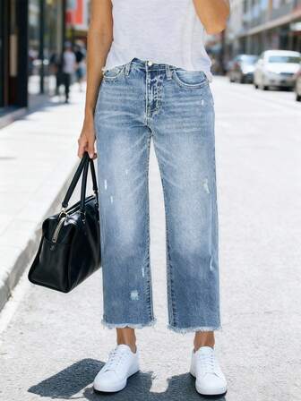 Bekväma, lösa och stretchiga, tvättade blå, fransade raka jeans för kvinnor, gatustil
