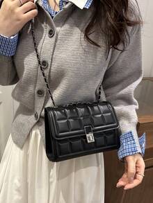 时尚新款格纹压花迷你单肩包，街头链条斜挎包，简约通勤扭扣小方包，女士 - 黑色 - 查看 2