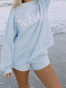 Women Y2k 2 Piece Outfit Sweat Set Loose Fit Casual Letter Embroidered Long Sleeve Sweatshirt Graphic Hoodies And Wide Leg Shorts Set Tracksuit Set Streetwear Preppy Aesthetic Clothes For Beach Vacation - màu xanh nhạt - Xem 1