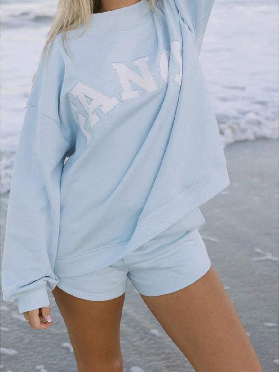 Women Y2k 2 Piece Outfit Sweat Set Loose Fit Casual Letter Embroidered Long Sleeve Sweatshirt Graphic Hoodies And Wide Leg Shorts Set Tracksuit Set Streetwear Preppy Aesthetic Clothes For Beach Vacation - màu xanh nhạt - Xem 1