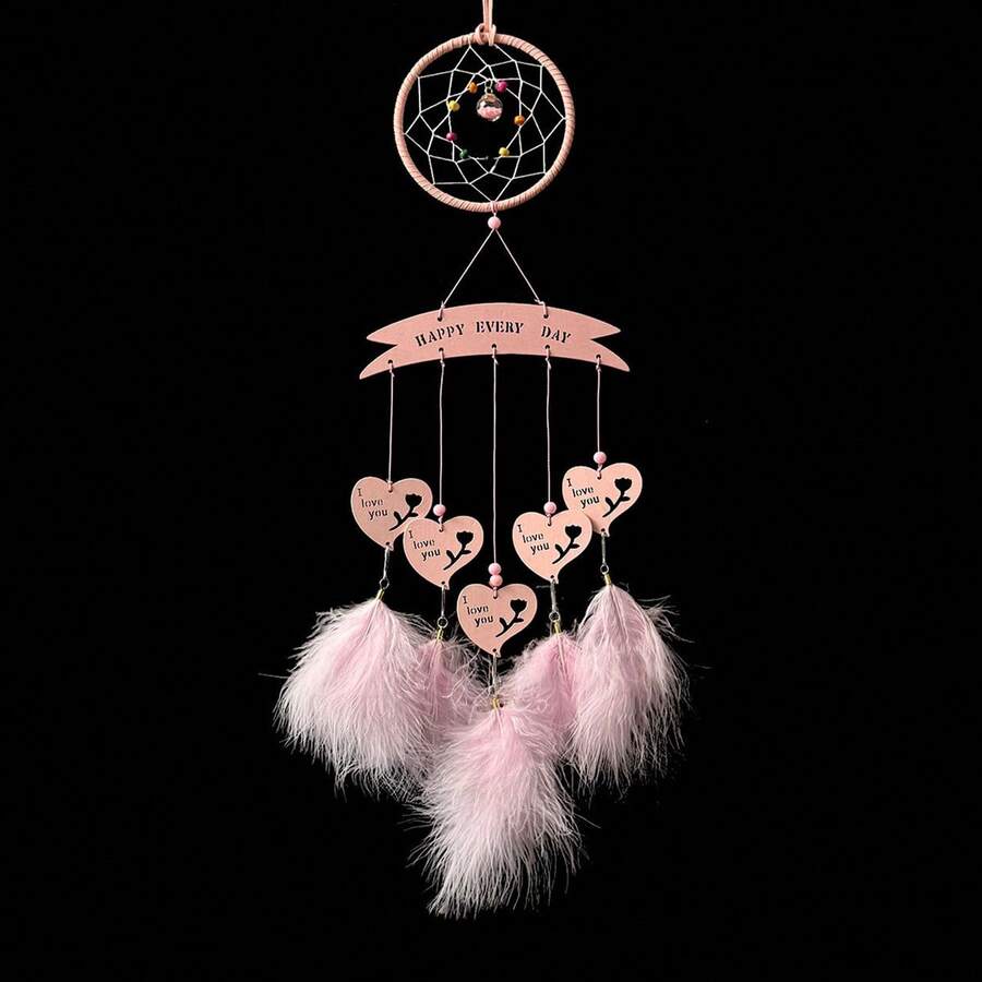 Atrapasueños de plumas con forma de corazón de cuentas de colores, decoración colgante para pared, dormitorio, sala de estar o hogar. - Rosa - Ver 1