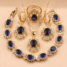 18K Gold Plated Colorful Cubic Zirconia Fashion Party Luxury Quality Wedding Bridal Elegant Jewelry Sets For Women Necklace Pendant Earrings Bracelet Ring 5 Pieces Sets Gift