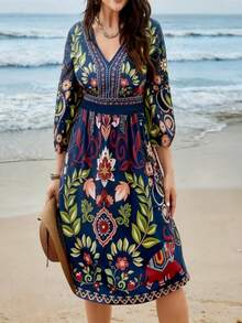 Plus Size Boho Print V Neck Midi Dress With Three Quarter Kimono Sleeves A Line Flared Hem For Summer Vacation Spring Elegant - Royal Blue - View 6