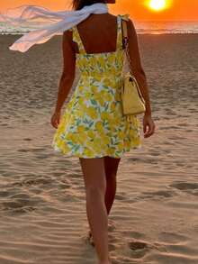 女士优雅休闲度假风柠檬印花无肩带系带露背A字迷你连衣裙，春夏款 - 黃色 - 查看 4