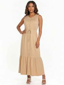 Women's Solid Color Front Button Maxi Dress For Spring Summer, Ruffle Hem Adjustable Drawstring Dress For Women - L 灰褐色 - 查看 1