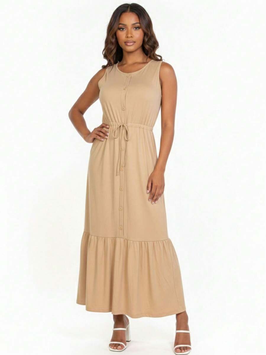 Women's Solid Color Front Button Maxi Dress For Spring Summer, Ruffle Hem Adjustable Drawstring Dress For Women - L 灰褐色 - 查看 1