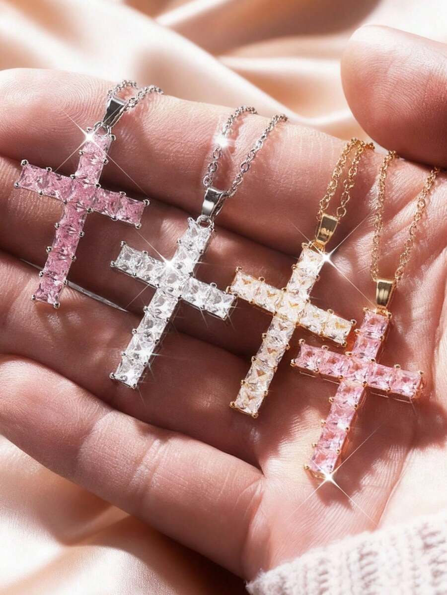 1pc Pink Cross Pendant Necklace Women Men Couple Fashion Zirconia Gold Plated Necklace Party Music Festival Hip Hop Jewelry Gift For Girlfriend Lover
