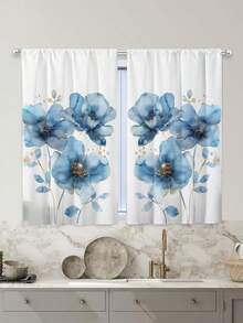 2pcs Abstract Blue Art Floral Print Kitchen Window Curtain, Without Holes Curtain,Refer To Bedroom Office Kitchen Living Room Study Home Decor - Multicolor - View 6