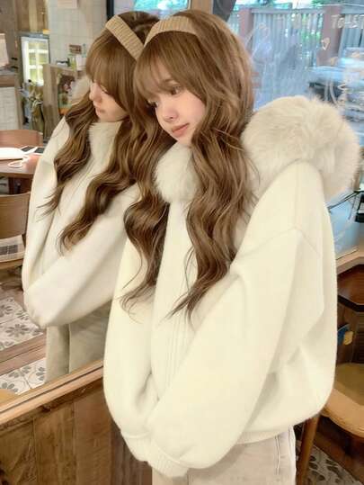 Korean Style High-End Fluffy Collar Hooded Knit Cardigan Sweater For Women, Loose Fit Slouchy Outerwear, Autumn/Winter