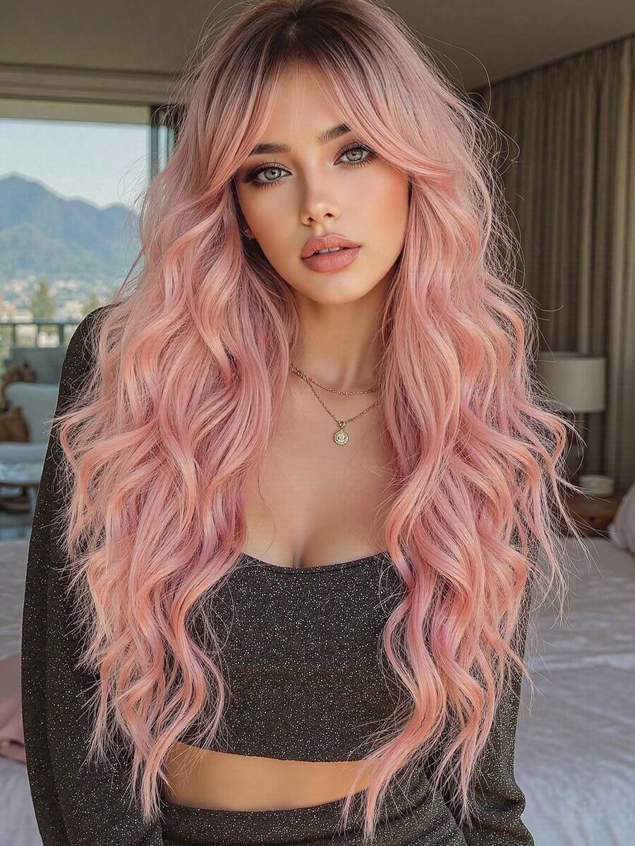 1 Piece Synthetic Heat-Resistant Hairpiece In Curly Gradient Pink Wig, 28 Inches Long, Made From Fiber, Suitable For Daily Use, Natural And Realistic Hairpiece. - 漸層粉紅色 - 查看 1