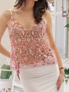 Women's Sequin Slim Camisole Spaghetti Strap V-Neck Slim Fit Cropped Tank Tops Streetwear - 藕粉色 - 查看 1