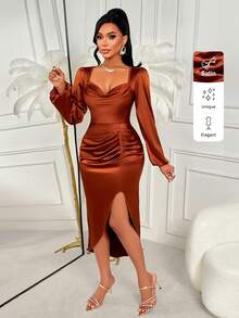 AIJ فستان ساتان أنيق وجذاب بياقة منسدلة وأكمام طويلة وطيات وذيل غير متماثل، جذاب وحالم، لطيف وجميل، مناسب لحضور حفلات الزفاف في الخريف، الحفلات الراقية، أعياد الميلاد، الحفلات الراقية، المناسبات التجارية، ملابس نسائية للخريف/الشتاء - بني - مشاهدة 5