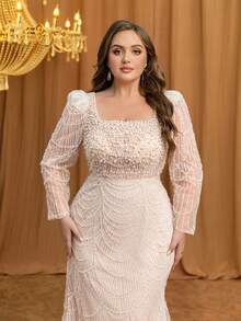 UNITHORSE Plus Size Women Elegant Square Neck Long Sleeve Pearl Decor Waist Fitted Bodycon Evening Gown Wedding Party - Apricot - View 6