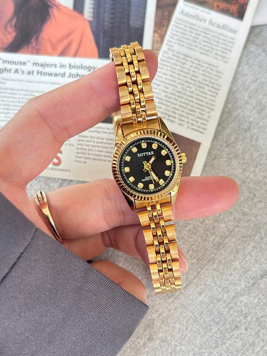 新款奢华金色女士腕表，韩版时尚简约优雅小众休闲百搭防水不锈钢石英表 - 黑色 - 查看 1