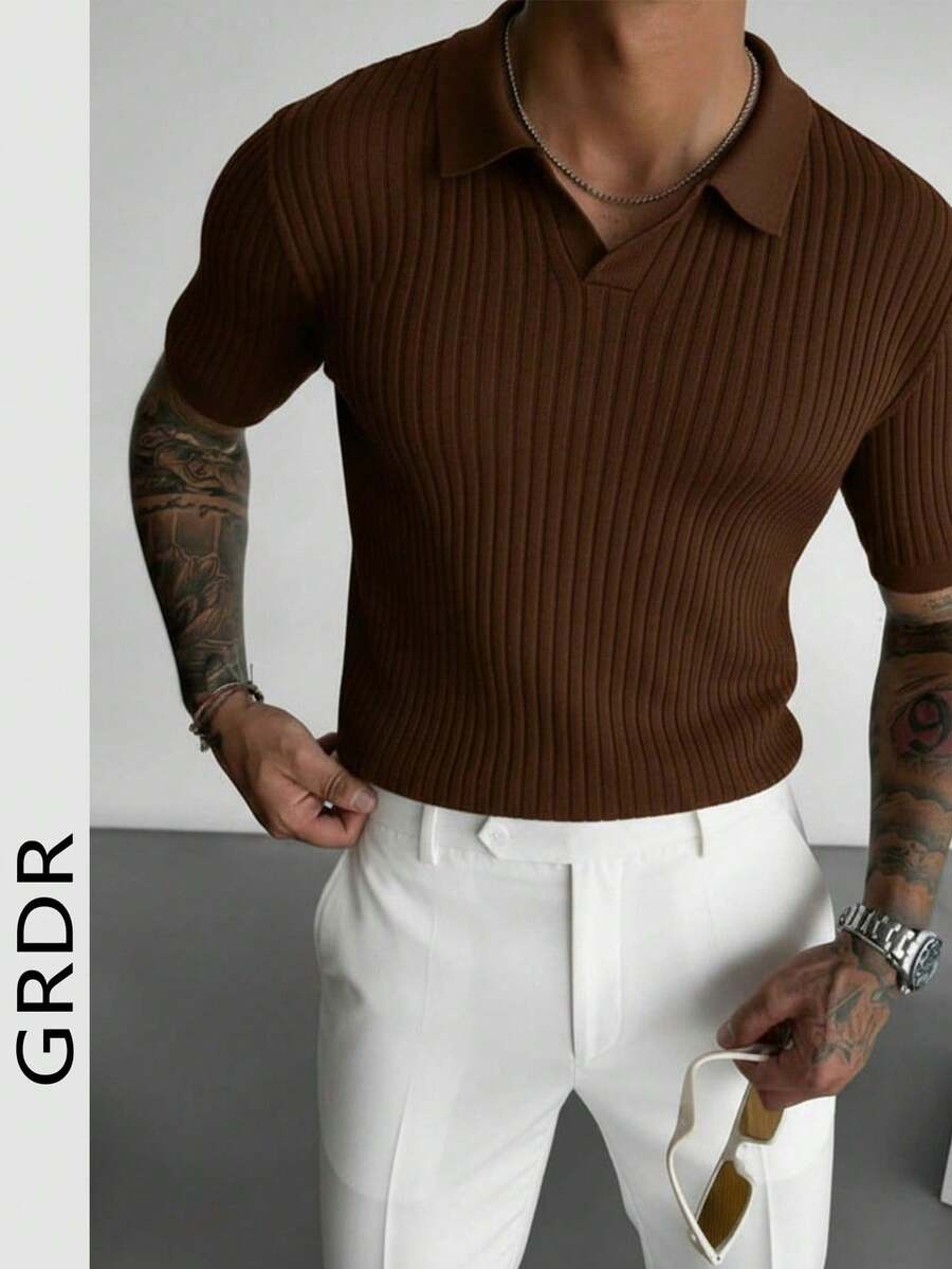 GRDR 男士夏季纯色 Polo 领短袖针织衫，适合夏季外出穿着，时尚造型必备单品