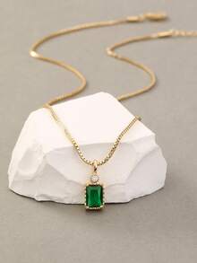 2pcs Fashionable Micro-Inlaid Dark Green Square Zirconia Element Venetian Chain Necklace Set - Yellow Gold - View 5