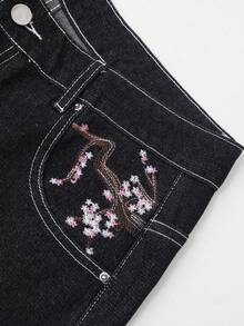 Men Six-Point Shorts Retro Cherry Blossom Embroidered Loose Wide-Leg Denim Jeans With Fake Pockets In Back - Black - View 9