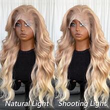 Kanekalon Futura Hair Blonde Ombre 13x4 Lace Front Wig 22 Inch Long Wave Highlight Wigs Curtain Bangs, Glueless Kanekalon Hair Resistant Synthetic Hair Wigs Free Part 150% Density Ready To Wear Synthetic Wigs For Daily Party Festival Holiday Use Beginner Friendly Wigs Transparent Lace Wigs - Gold - View 8