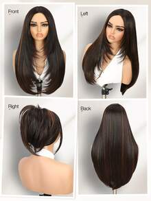 Long Layered Straight Yaki Wig Middle Part No Bangs Glueless Wig Pre Cut Put On And Go High Density Heat Resistant Fiber None Lace Wig For Women Daily Life Or Party Use 26inch Long(Highlight Brown) - Brown Highlight - View 6