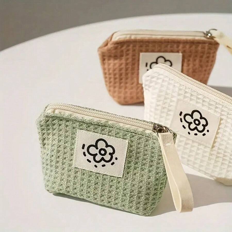 1 Pc   Cute And Simple Waffle Coin Purse For Women, Small And Portable Wrist Bag, Summer Floral Lipstick Storage Bag - White - View 1