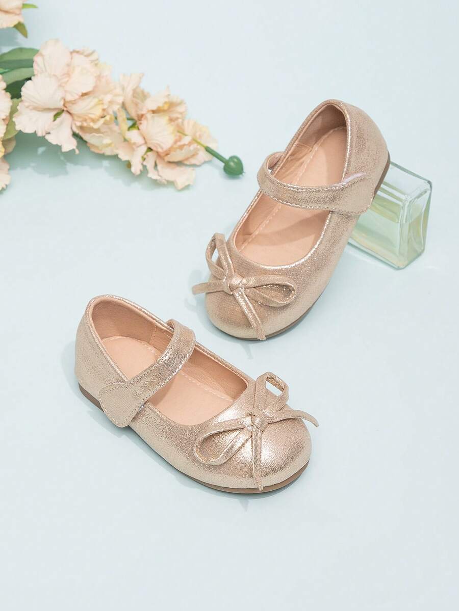 Girls' Cute Bow Decor Round Toe Flat Shoes, Princess Style, Spring/Autumn - Gold - View 1