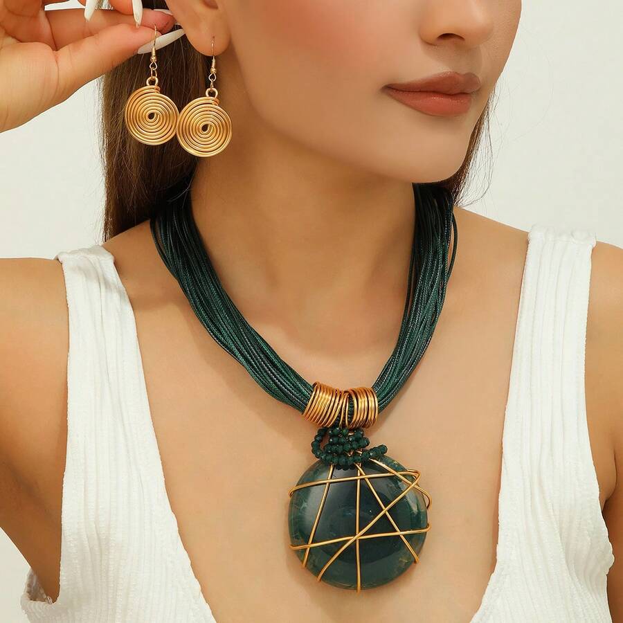 手工夸张多层铝线人造水晶蜡线树脂编织欧美波西米亚复古魅力晚宴派对宴会海蓝色风韩式假日休闲项链耳环 - 墨綠色 - 查看 1