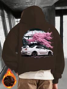 CHICLY19  Japanese Cherry Blossom & JDM Car Graphic Hoodie, Unisex Casual Oversized Pullover Hooded Sweatshirt, Retro Racing Car & Torii Gate Print Top, Cozy Fleece Lined, Perfect For Car Enthusiasts, Streetwear Fans, Casual Outings & Lounging, Ideal Gift For JDM Lovers, Car Guys & Japanese Culture Fans, Breathable Soft Fabric, White, Plus Size Available - 深灰色 - 查看 9