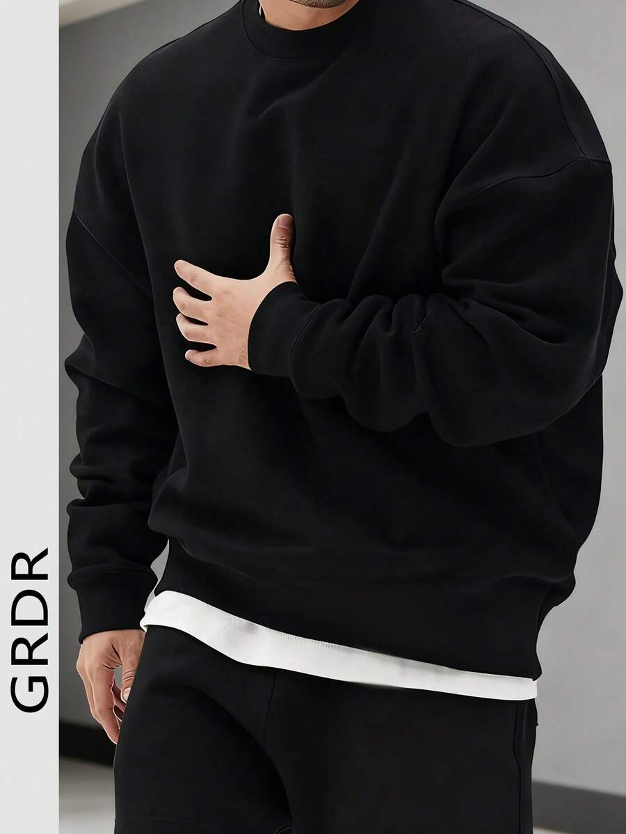 Sudadera de cuello redondo casual y holgada de unicolor para hombre GRDR | Atuendo de capas | Adecuado para uso diario ligero, otoño/invierno