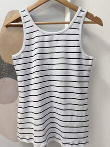 Pure Cotton Tank Top With Ribbed Design In The Middle, Knitted Fabric With Buttons. - White Stripes - View 3