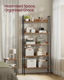 5 Tier Narrow Ladder Shelf For Home Office, Living Room, Bedroom, Kitchen, Industrial, Rustic Brown And Ink Black - Brown - View 7