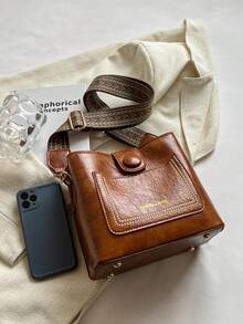 迷你縫合細節方形包復古斜背包流浪漢包復古京劇印花手提包女休閒手提包單肩皮夾