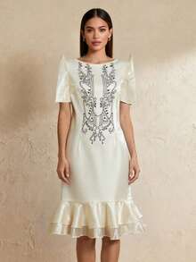 Amyenjoylife Modernes Filipiniana Kleid mit stehenden Ärmeln, rundem Ausschnitt, Patchwork-Muster, langes Kleid, formelle Kleider für Frauen, modernes Filipiniana Kleid - Champagnerfarben - Übersicht 5