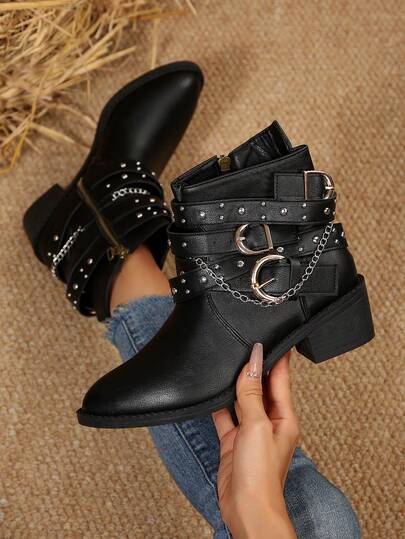 Studded Chelsea Boots With Side Zipper, Retro Chunky Heel Ankle Boots For Women, Pointed Toe Design | Chain And Studded Combination For A Cool Look, The Top Choice For Making A Statement, A Must-Have For Rock 'n' Roll Enthusiasts, Stylish And Warm For Autumn And Winter, Heavy-Duty Chain Design.