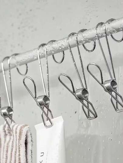 10 piezas/5 piezas/1 pieza Pinzas de acero inoxidable con cola larga, pinzas de uso múltiple con ganchos, pinzas de suspensión portátiles, pinzas de ropa duraderas para oficina, cocina, baño, exterior, organización de bolsas, llaves, toallas, sombreros, ganchos universales para rack de ropa para colgar y accesorios de almacenamiento, accesorios de almacenamiento de cocina