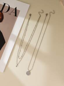 2Pcs Minimalist Layered Silver Necklace With Beaded Chain, Cubic Zirconia Charm, And Engraved Coin Pendant, Boho Chic Jewelry For Women - Silver - View 2
