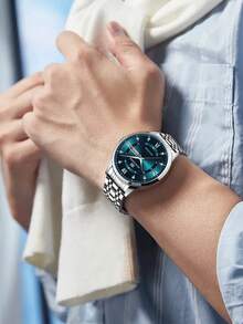 VA VA VOOM 1 件男士石英表 41 毫米经典奢华钻石日历时钟，绿色、蓝色、金色、银色、黑色不锈钢表盘，原装星期石英机芯，3 巴防水，商务风格，精美情侣表 - 藍色 - 查看 8