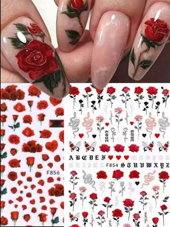 1片3D自粘美甲贴纸 红色玫瑰花美甲装饰贴纸 粉色樱花美甲滑块