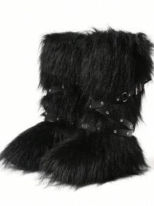 Women's Winter Furry Snow Boots Fuzzy Fluffy Round Toe Suede Booties Flat Heel Slip On Outdoor Indoor Shoes Fashion Warm Fluffy Shoes - 綁帶黑色 - 查看 7
