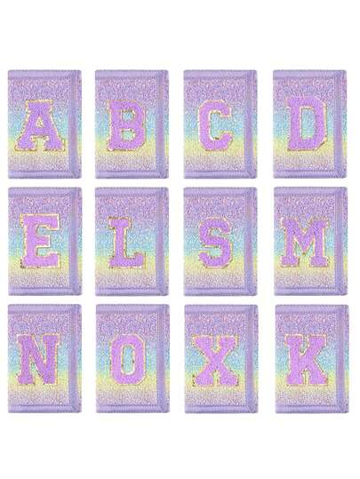 1个字母刺绣钱包，渐变亮片钱包，帆布折叠零钱包，耐用涤纶材质，带拉链口袋和魔术贴封口，适合日常使用和作为圣诞礼物