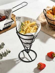 1pc Stainless Steel French Fries Stands With Sauce Dippers, Cone Shaped Snack Basket, Self Service French Fry Basket, French Fry Holder, Ice Cream Cone Holder, Fried Chicken Display Rack, Food Display Rack, Suitable For Snacks - Multicolor - View 3