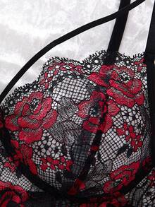 Sexy Lingerie Women's Black And Red Rose Gothic Style Contrast Lace Sexy Short Lingerie Dress & Thong, Going Out - Black - View 3