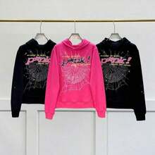 Spider Print Zipper Hoodie, Casual Long Sleeve Hoodie Coat Y2K Spider Print Hoodie, Long Sleeve, Loose Style, Polyester Material, Zipper Design, Gothic Harajuku Style, Autumn And Winter Fashion,Warm And Comfortable - 粉色 - 查看 9