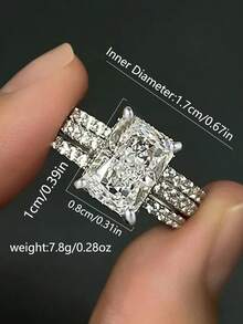 3件套女士戒指套装，闪亮多层可叠戴长方形铜合金锆石戒指，结婚订婚新娘伴娘叠戴戒指首饰套装 - 銀色 - 查看 6