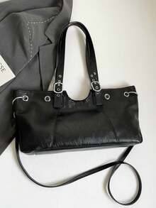 女士手提包，厂家直销，简约大容量腋下手提包，时尚百搭休闲单肩包，PU材质 - 黑色 - 查看 6