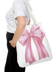 Pink Bow & Lip Print Print Double-Sided Printing Tote Bag,Polka Dots Paintings Pattern Grocery Bag,Boho Academy Style Shopping Bag,Fall Thanksgiving Gifts,Suitable For Daily Use, Picnics And Beach Vacations, Work, School, Gifts16in*14in