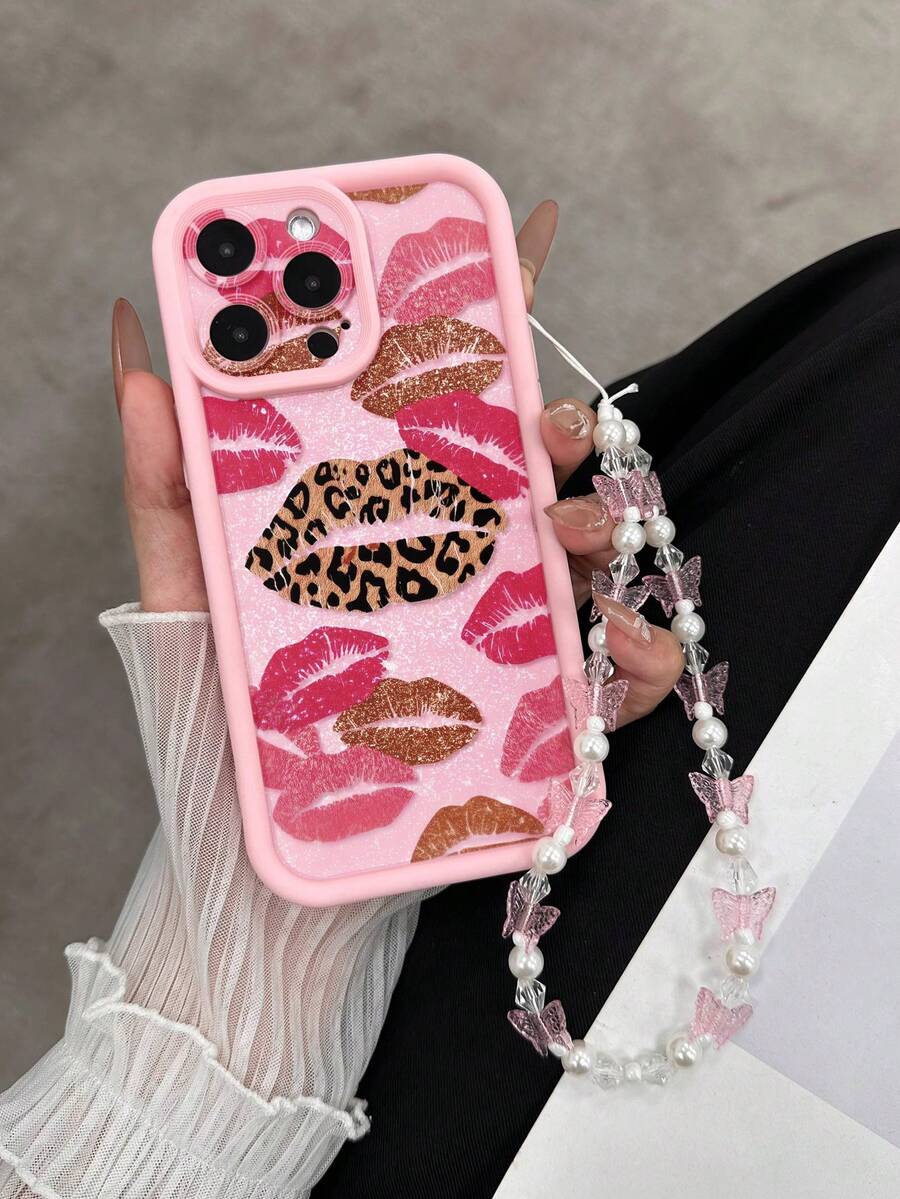 Lip Print Recessed Pink Bracelet Thickened Precision Hole Simple Anti-Drop Thick Phone Protective Case, Compatible With Iphone 17/17 Pro Max/ 16/16 Pro/16 Pro Max/ 16 Plus, 15 XR/7/8, 15 Pro Max, 12 Pro Max, 13 Pro Max, 14 Pro Max, 13, 14, 11, 12, P14, P11 Soft Shell, P12 Anti-Drop, XS, XR, 7/8P, 7/8 GES2, Redmi Phone Case - Multicolor - View 1