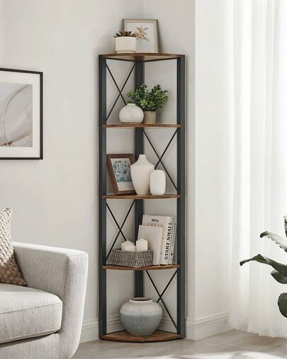 5-Tier Corner Shelf, Storage Shelf Unit Multifunction, Bookcase, Plant Stand, For Living Room, Bathroom, Kitchen, Bedroom, Office, Easy To Assemble, Industrial, Rustic Brown And Black