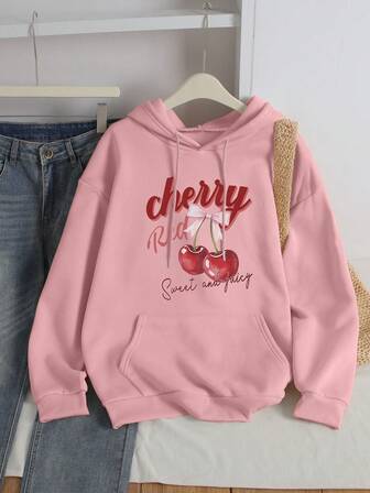 Autumn And Winter Women's Pink Graphic Print Hooded Sweatshirt, Casual Back To School Plus Size Women's Tops, Daily Vacation Fruit Cherry Knot Slogan Graphic Print Sweatshirt, Drawstring Pocket Hooded Sweatshirt, Graduation, Fall Women ,Fall,Back To School,School,Fall