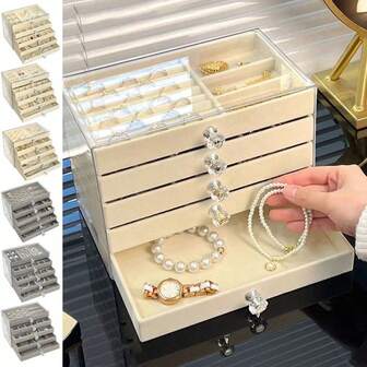 5层大容量绒布首饰盒 透明抗氧化抽屉式收纳盒 亚克力首饰盒